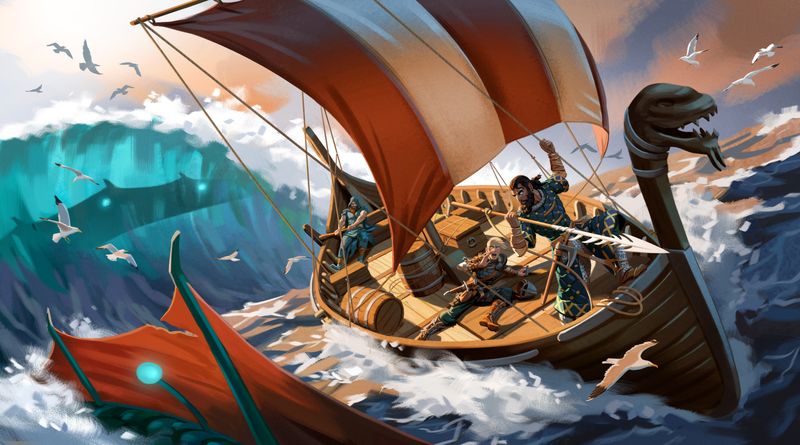 A Valheim longship travelling toward a new island